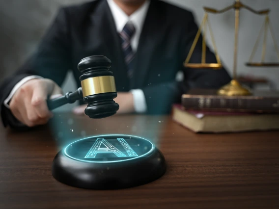 A person about to struck a circular sound block showing an AI symbol with a gavel